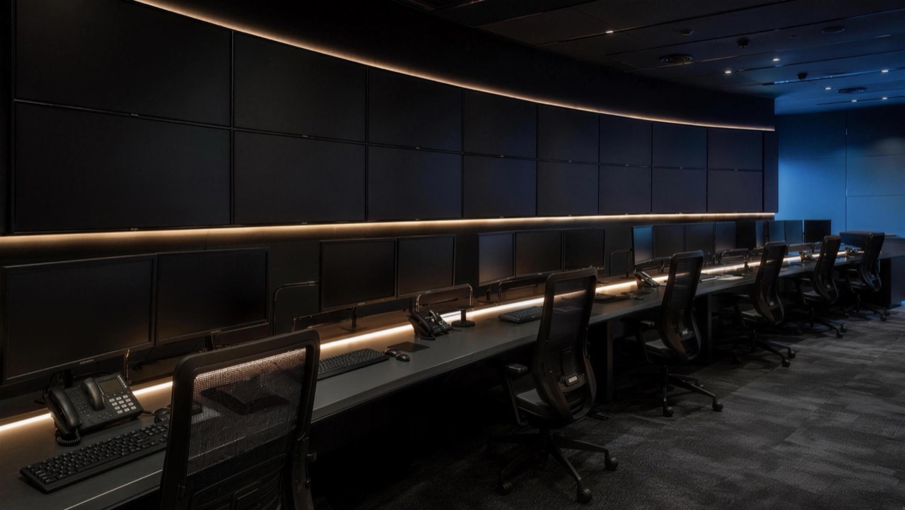 Dark virtual command room with a curved live display wall