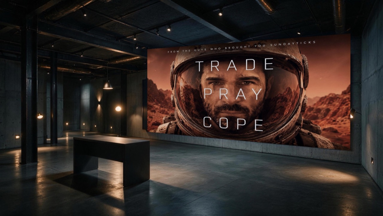 Campaign key art displayed on the live screen inside The Desk virtual environment