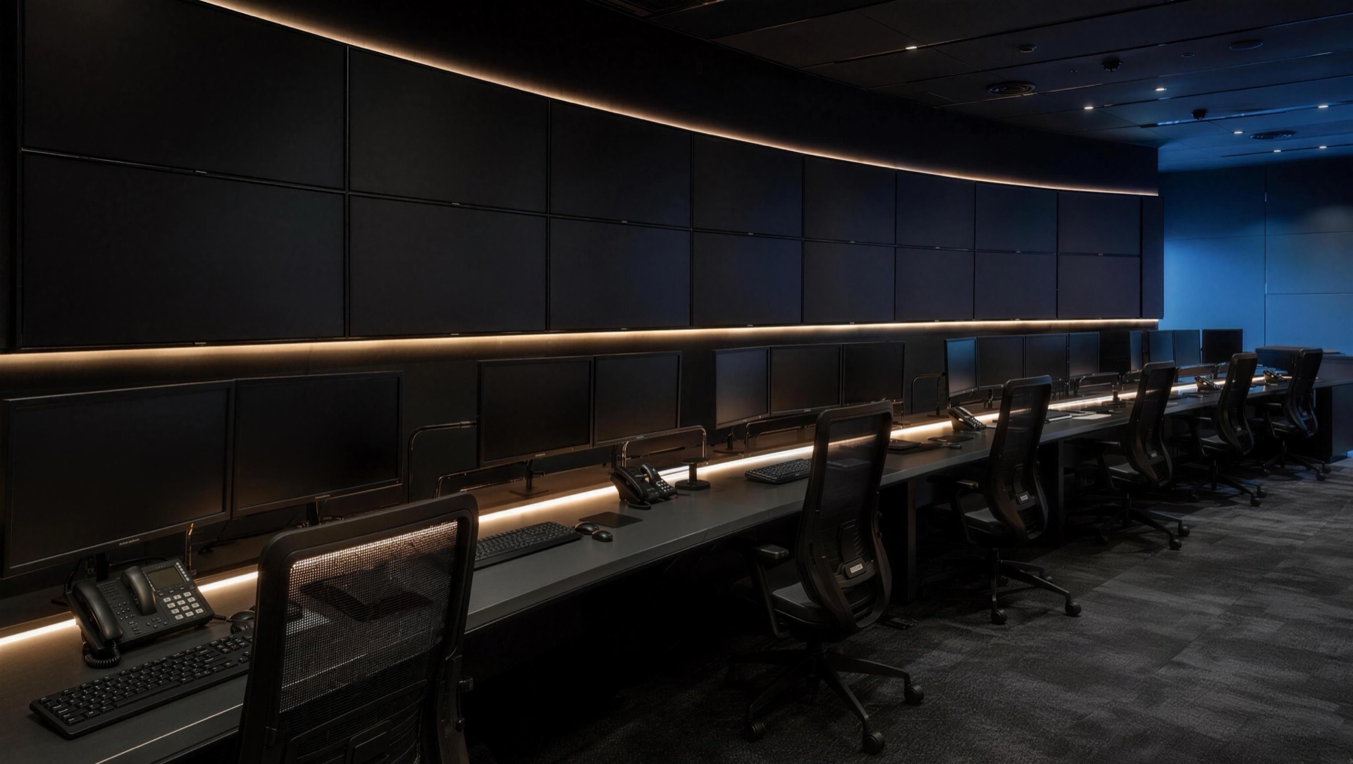 Dark virtual command room with a curved live display wall