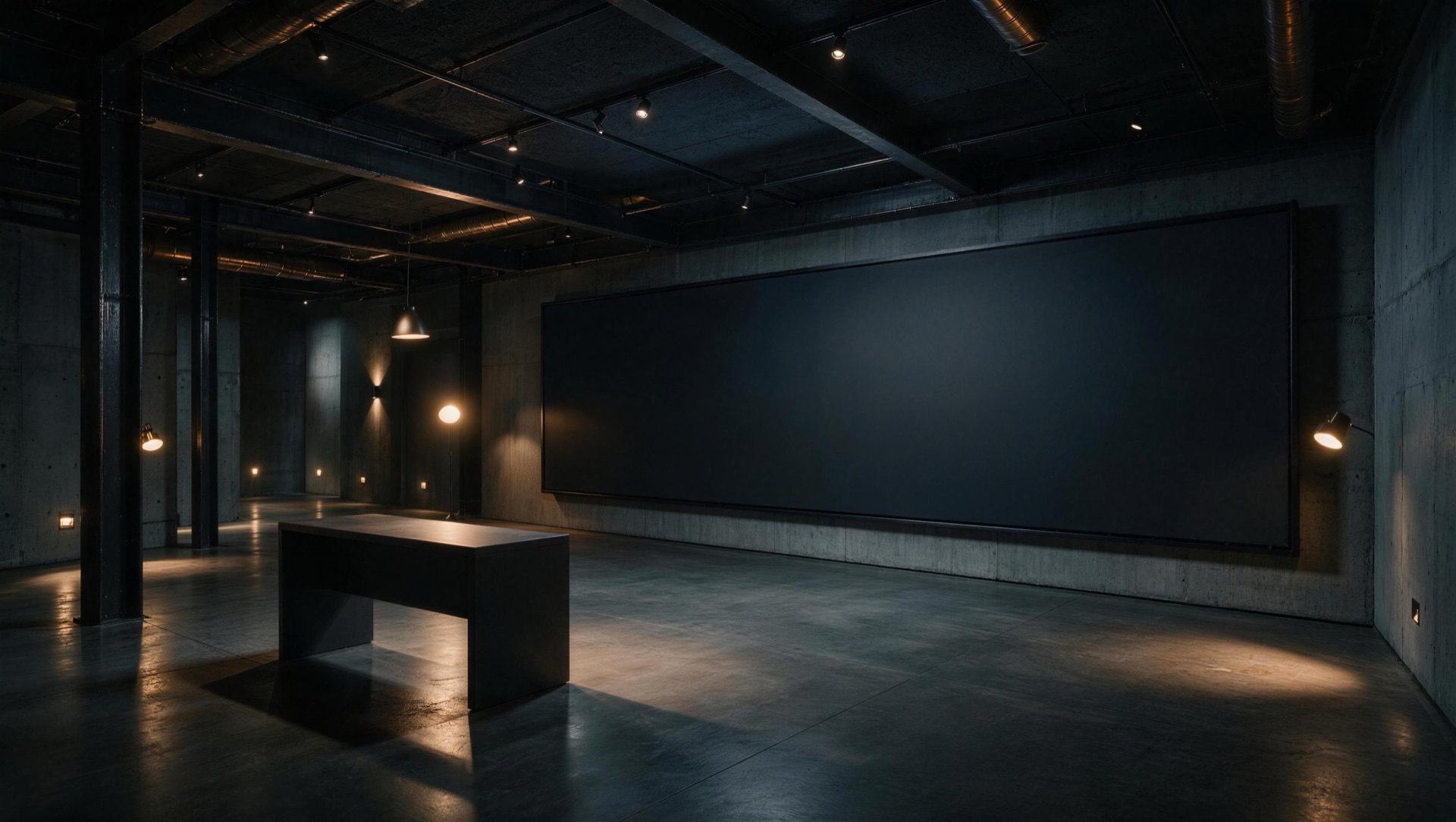 Dark virtual broadcast studio with a large live wall display and compact desk