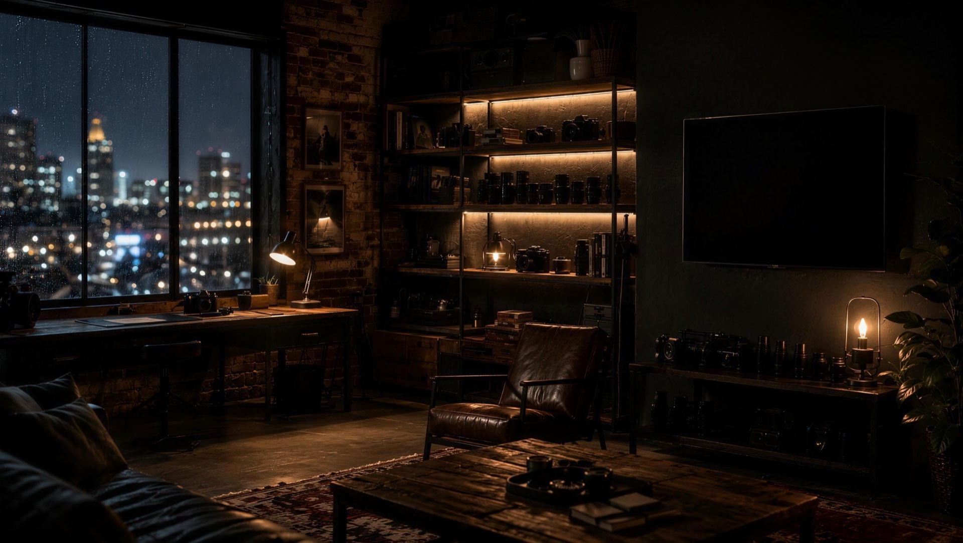Moody virtual loft with a large display and a city window