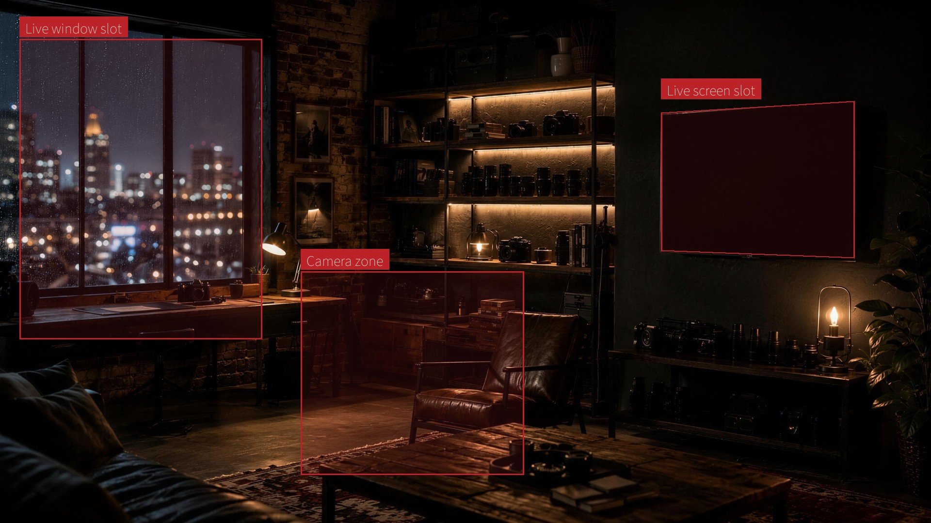 Moody loft with live wall display and camera zone marked