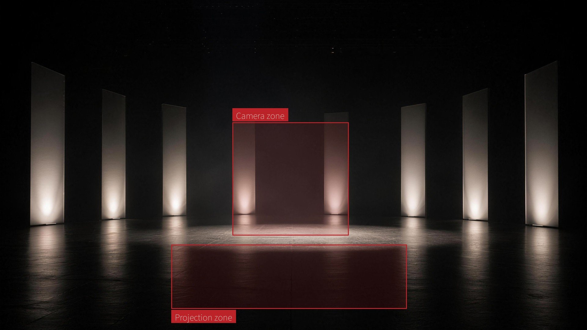 Minimal stage with projection and camera zones marked